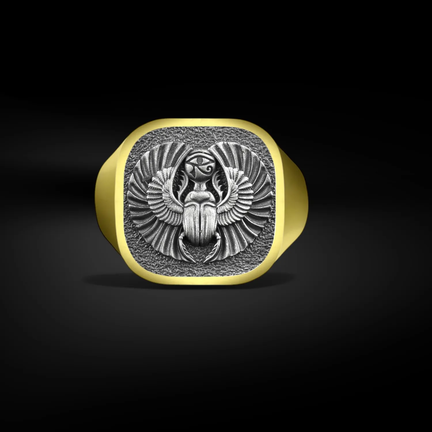 Authentic Egyptian Scarab Signet Ring for Men in Sterling Silver, Ancient Mythology Gold