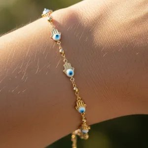 Authentic Delicate Gold Plated Chain Bracelet Handmade Hamsa & Evil Eye Charm Bracelet