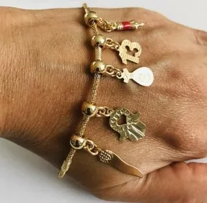 Authentic 14k gold plated hamsa,money bag,13,charm bracelet 7.25"/Pulsera dinero-B77
