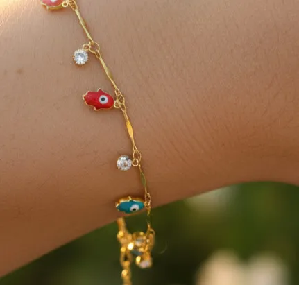 Authentic Boho Gold-Plated Chain Bracelet Evil Eye & Hamsa Hand Charm Jewelry For Women