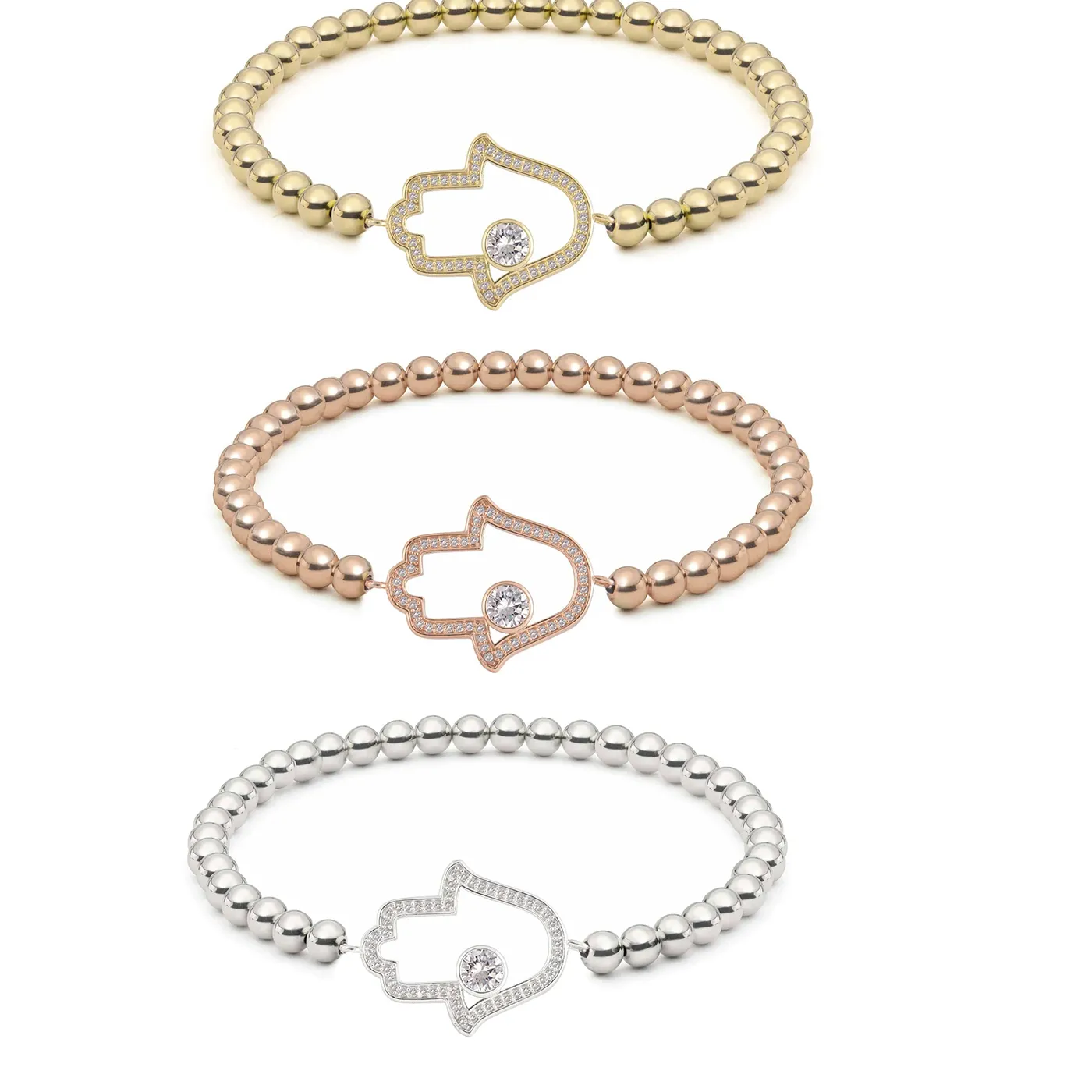 Authentic White Cubic Zirconia Crystal Hamsa Hand Stretch Bracelet Women Girl 2022 Gold-plated 4MM Beaded Jewelry