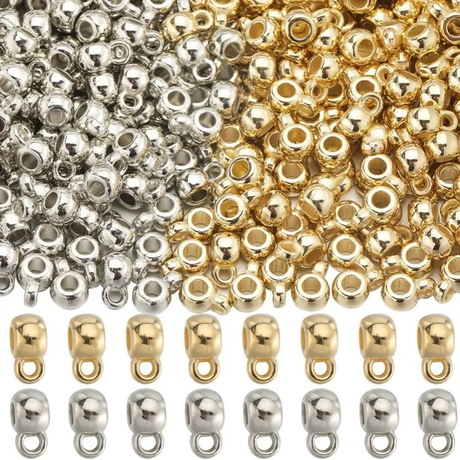 Authentic 400Pcs Bail Beads Charms Bails Beads Silver Gold Plastic Tube Bail with loop Rondelle Spacer Bead Connector for making kit