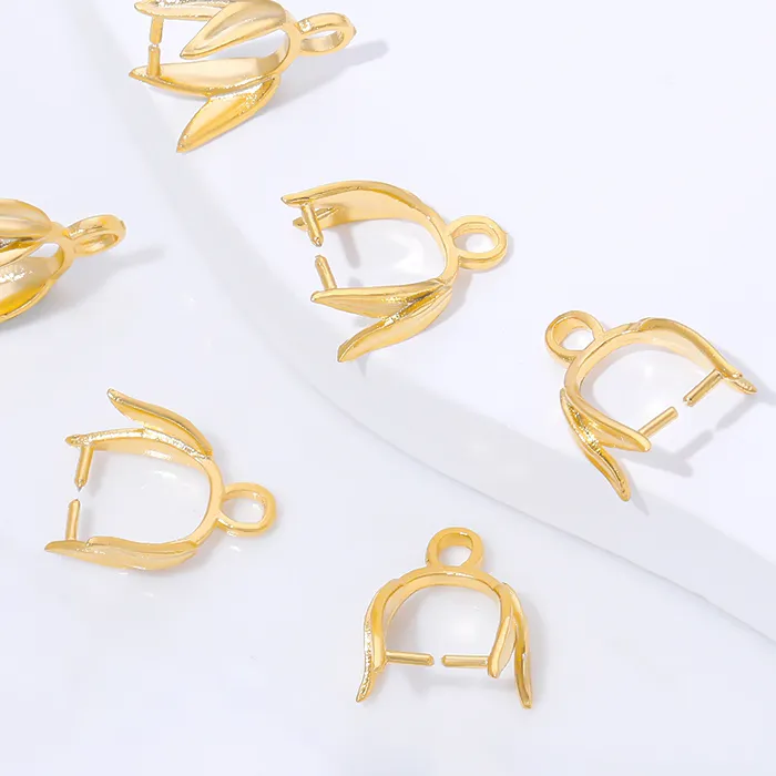 Authentic 18K Gold Plated Pinch Bail Clips,Leaf Shaped Pendant Connectors with Loop,For DIY Necklace& Charm Earrings Jewelry Making