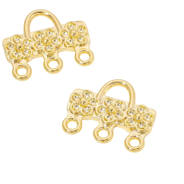 Authentic 18K Gold Plated Flower Bag Shape 3-Loop Earring Connector Charm DIY Jewelry Making Findings For Women Earrings