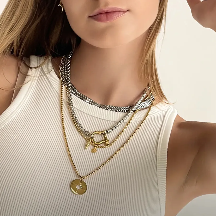 Authentic Tarnish Free 18K Gold Plated Jewelry Waterproof Box Chain Choker Necklace Double Color Chunky Horseshoe Necklace