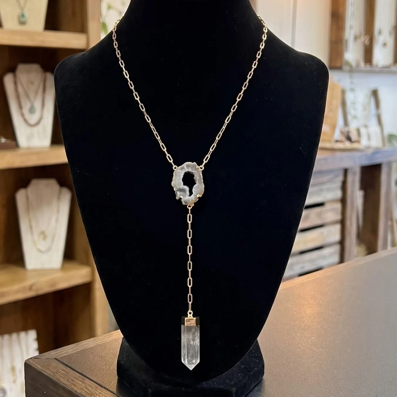 Authentic Quartz and Oco Geode Extra Long Lariat Y Drop Necklace (Gold Plated)