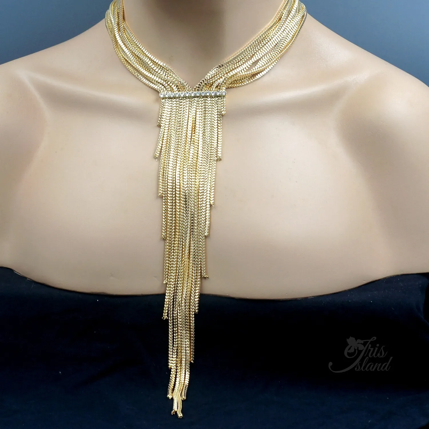 Authentic Women Gold Plated Crystal Layered Fringe Lariat Y-drop Necklace Choker 20284