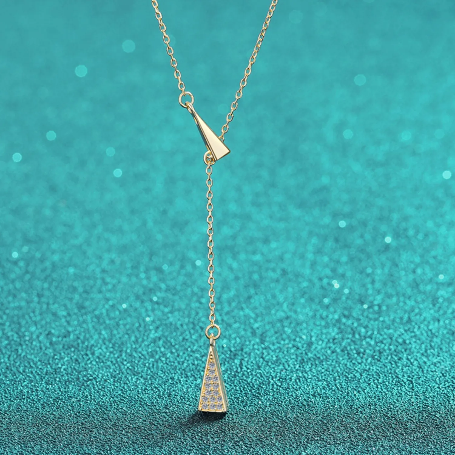 Authentic Dangling Triangle Lariat Pendant Necklace Diamond-Cut Sparkle 18K Gold Plated