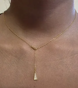 Authentic Dainty 18K Gold Plated Y Lariat Necklace Pave Triangle Drop Pendant Minimalist