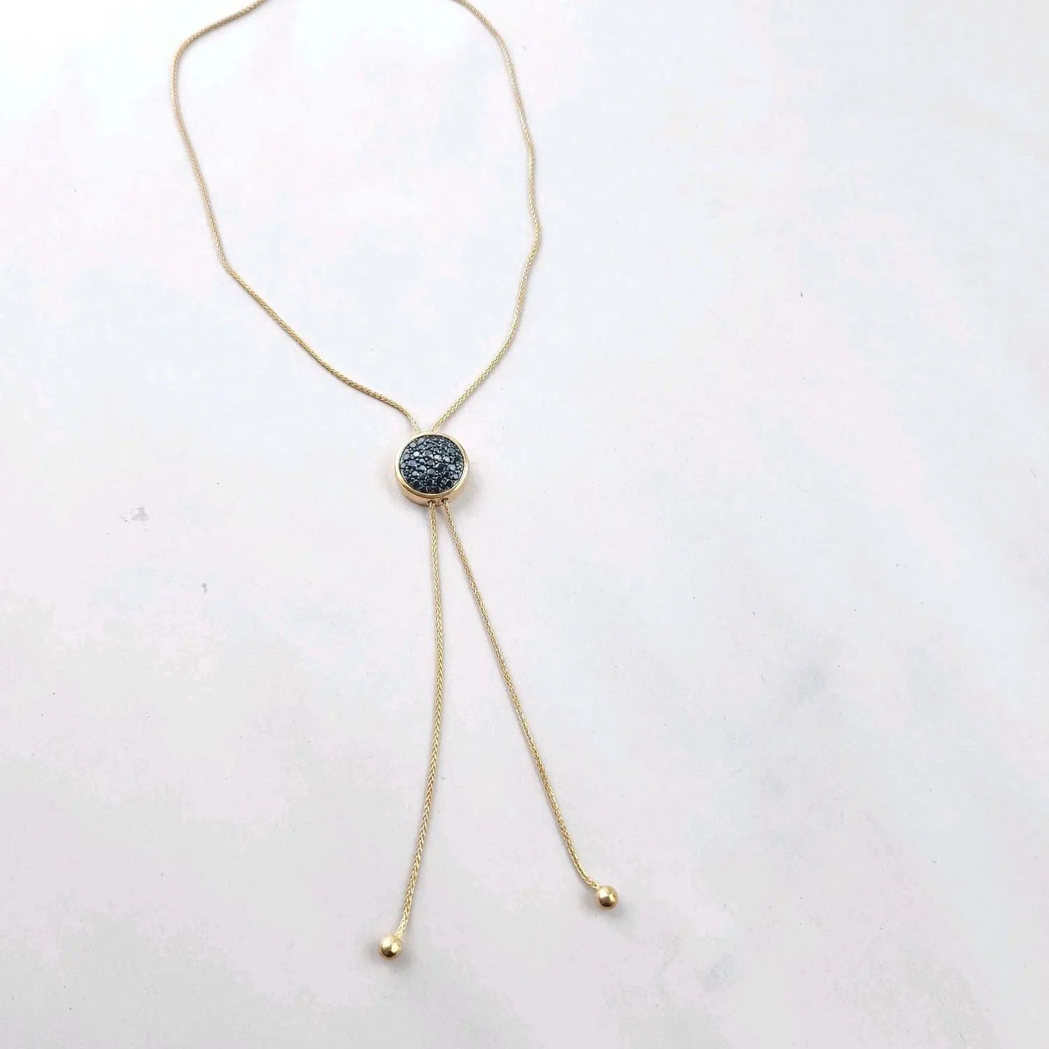 Authentic Bellezza lariat necklace ITALY 14KT Gold Plated Vintage Signed NEW Black Crystal