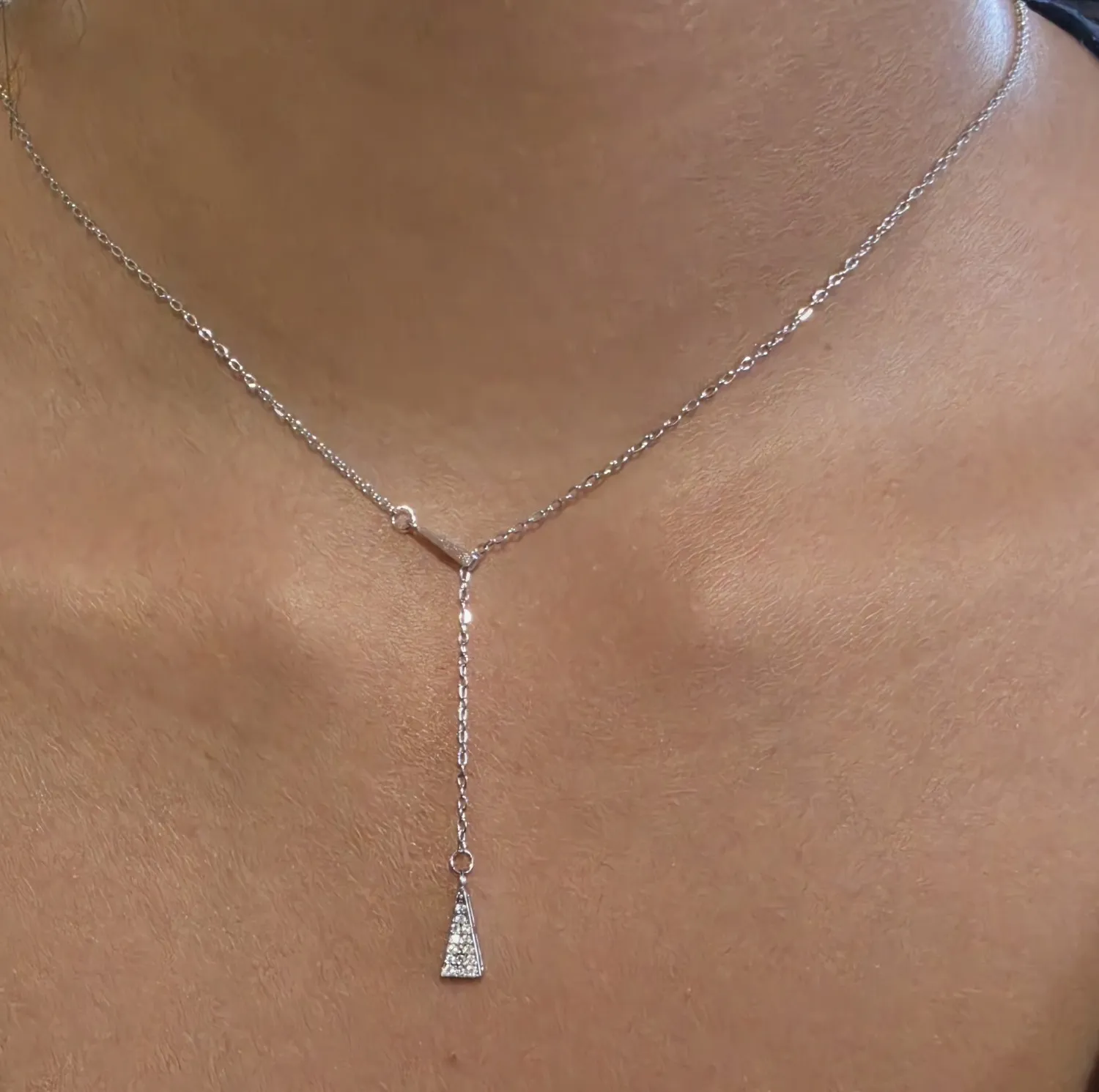 Authentic Dainty 18K White Gold Plated Y Lariat Necklace Pave Triangle Drop Pendant