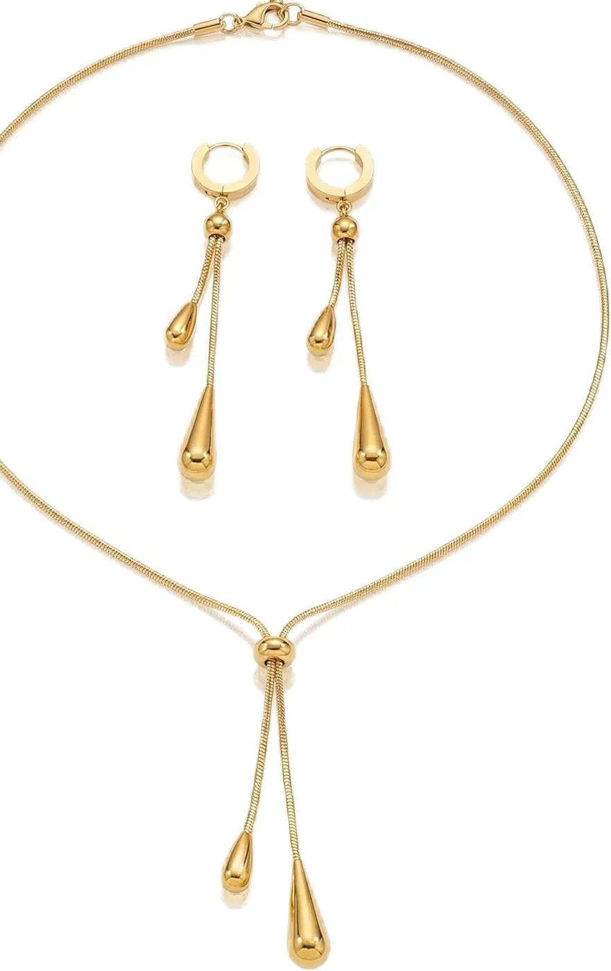Authentic Gold Plated Teardrop Jewelry Set for Women - Hypoallergenic Adjustable Lariat Ne