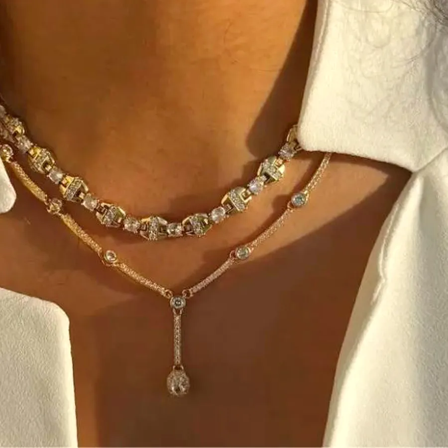 Authentic 2024 New Iced Out Bling Oval Charm Necklace Tennis Chain Long Sexy Y Lariat Choker Gold Color Fashion Women Jewelry