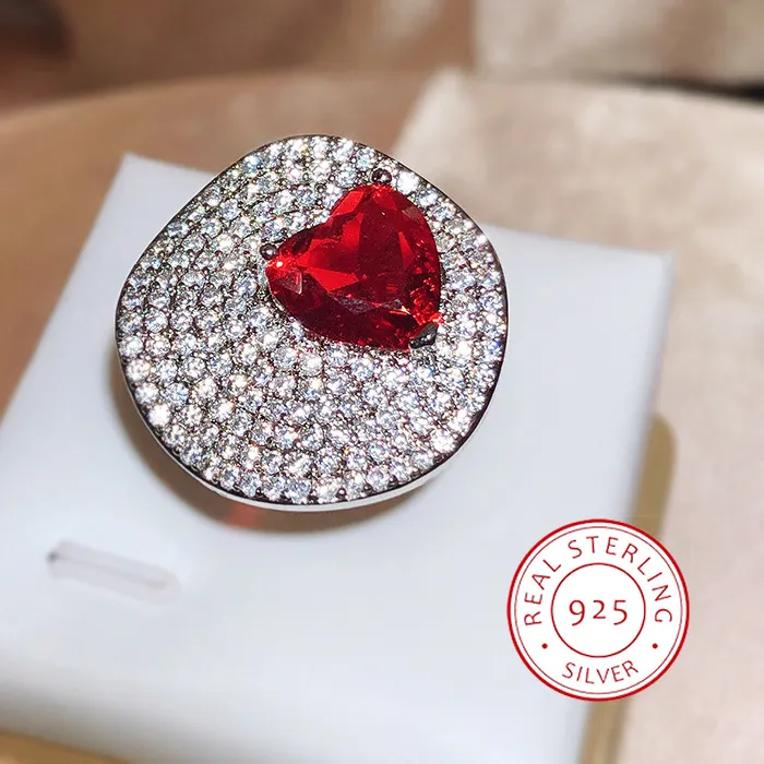 Authentic Brilliant Red Heart Zirconia Ring Open Jewelry Premium All- Match Temperament Banquet Jewelry S925 Silver