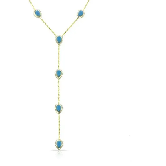 Authentic Gold Plated Red Blue Green White Tear Drop Charm Link Chain Long Sexy Women Y Lariat Necklace Jewelry