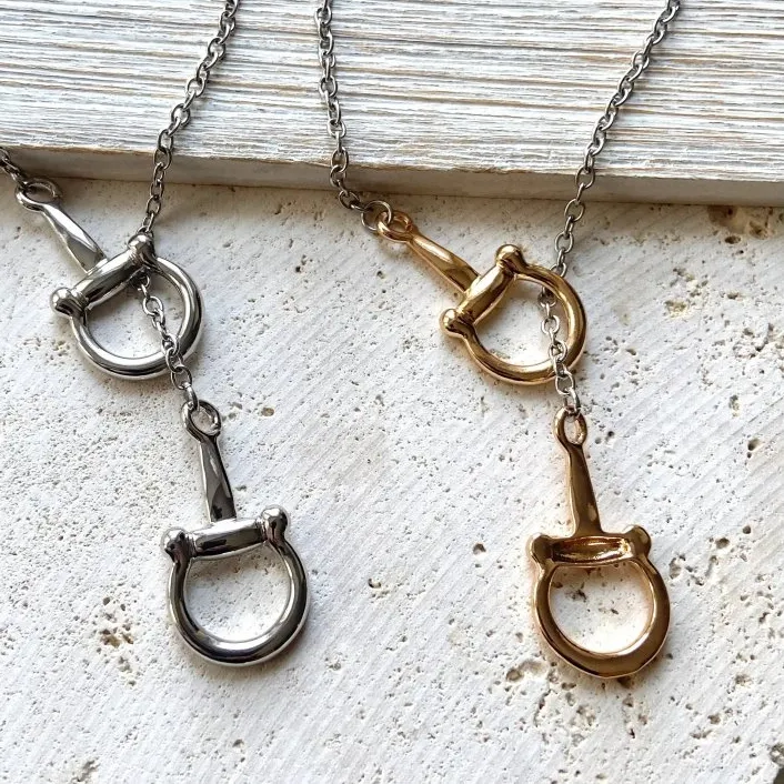 Authentic 10Pcs Gold Color Stainless Steel Equestrian Jewelry Horset Bit Snaffle Charm Lariat Necklace For Women Men English Riding