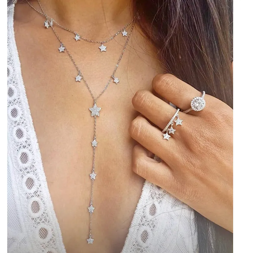 Authentic Long Y lariat chain collar necklace gold silver color with cz sparking bling star charms classic trendy women jewelry