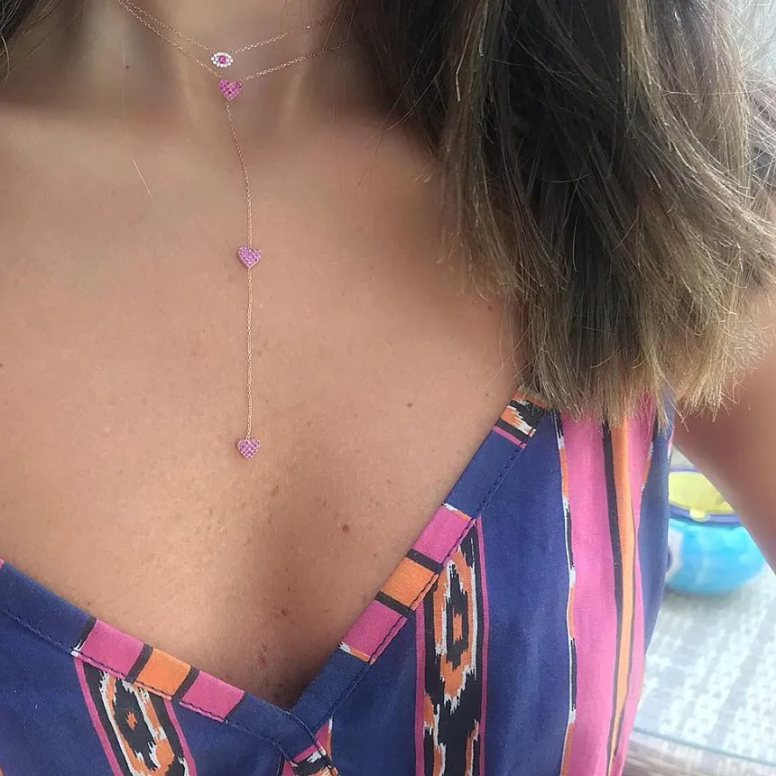 Authentic 2026 New 3 pcs Pink red cubic zirconia cz heart charm women long chain rose gold Color Y lariat necklace fashion
