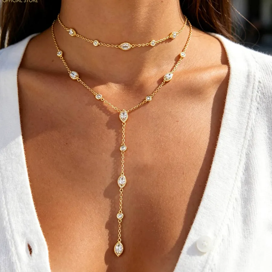 Authentic New Sexy Round Eye Charm Long Y Lariat Necklace Gold Silverc Color Micro Pave Clear CZ Link Chain Delicate Choker Women Jewelry