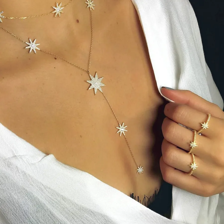 Authentic 2025 Sparking Sexy Star Charm Y Shape Long Necklace For Women Gold Color Plated Lariat Tiny Chain Wedding Jewelry