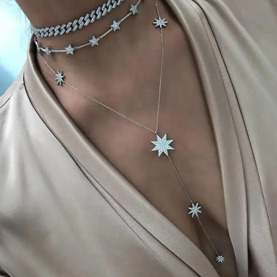 Authentic 2026 Sparking Star Charm Y Shape Long Lariat Link Chain Necklaces For Sexy Women Gold Color Fashion Wedding Jewelry Gifts