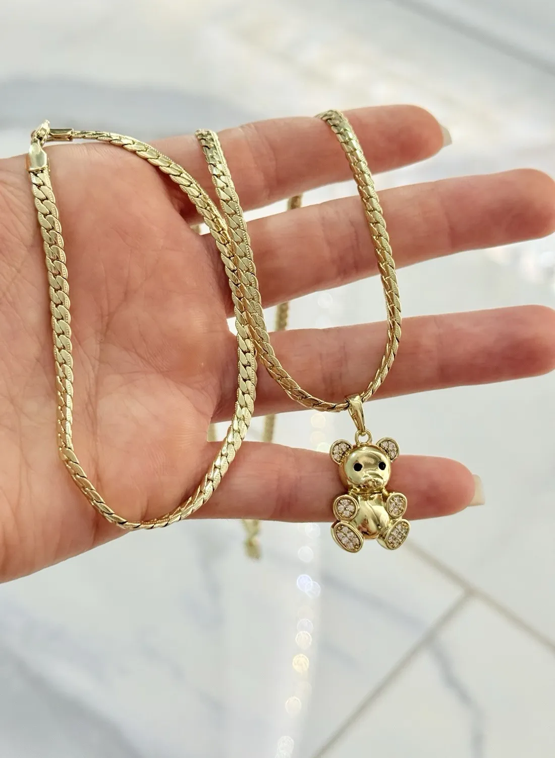 Authentic 14k Gold Plated Duo Snake Chain with Bear Pendant and Bracelet Set