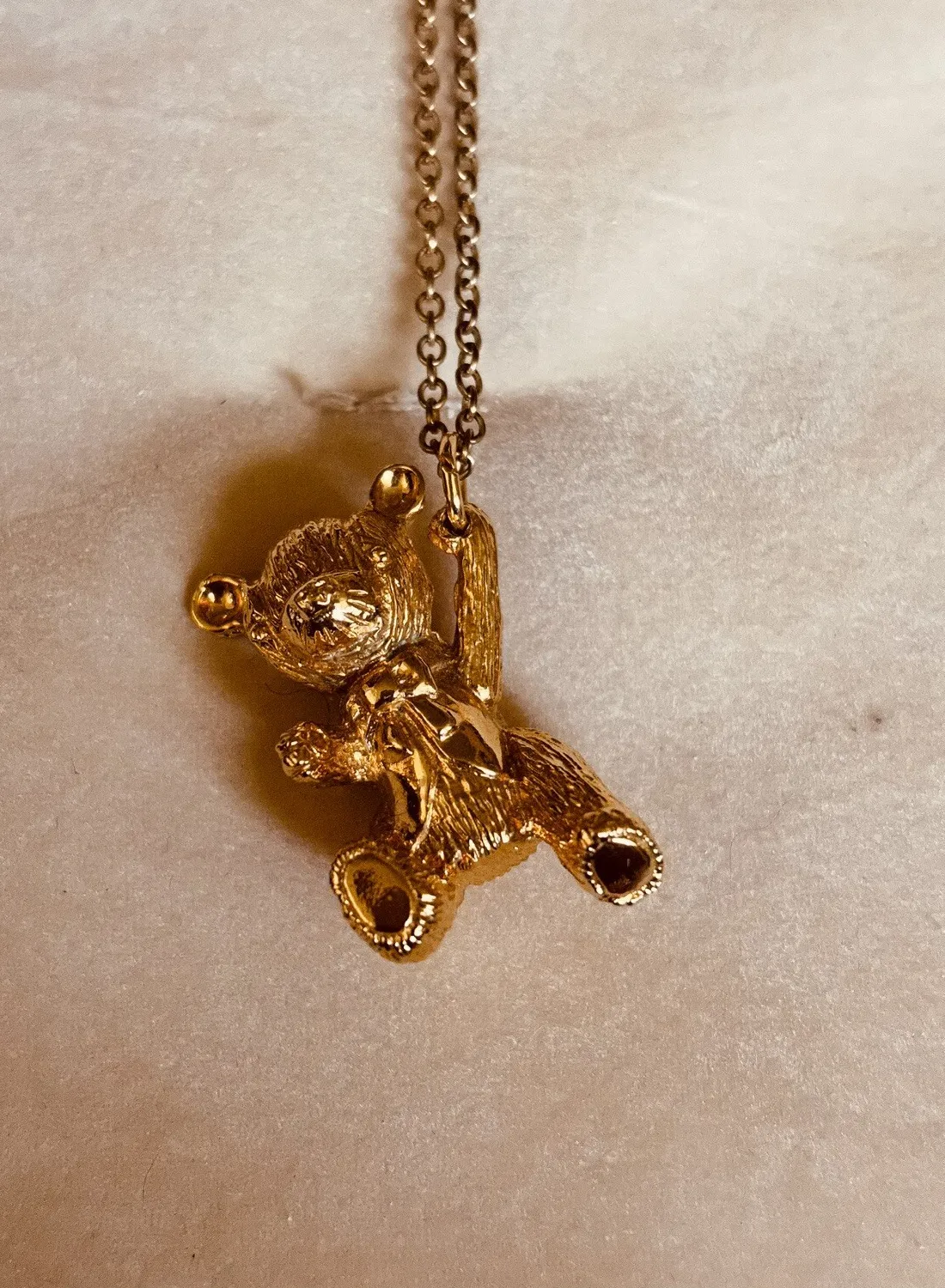 Authentic 1970s Cute Hanging Teddy Bear Gold Plated Necklace 10”