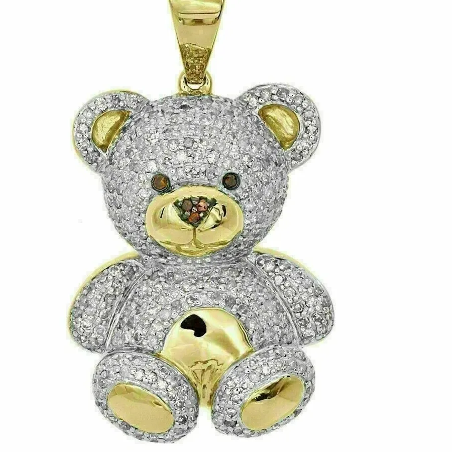 Authentic 2 Ct Round Lab Created Diamond Teddy Bear Pendant 14k Two Tone Gold Plated