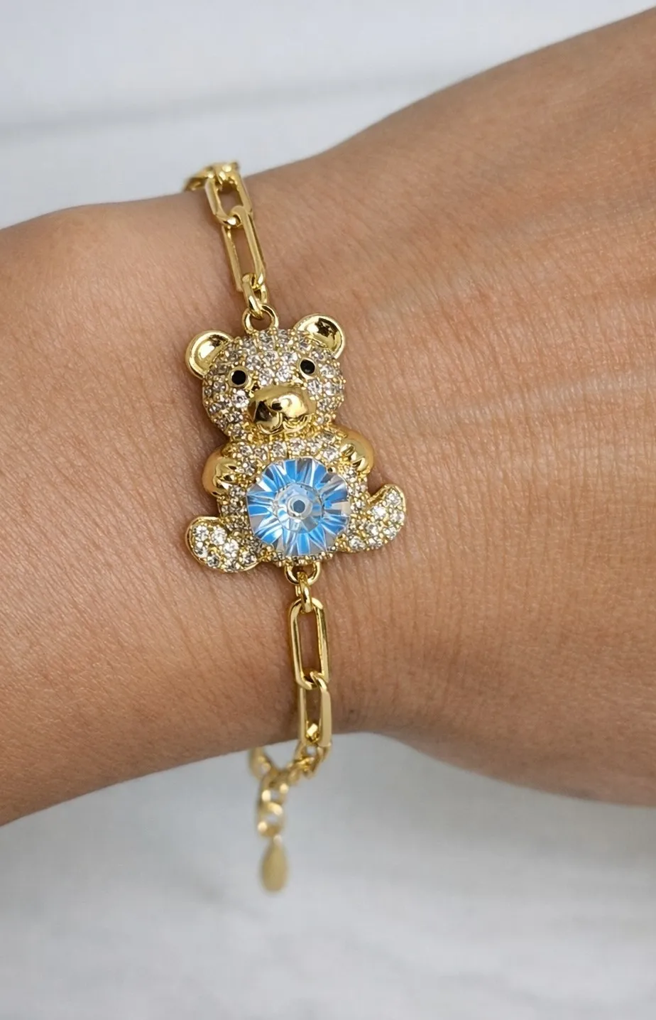Authentic The Celestial Cub: Gold-Plated Teddy Bear Charm Bracelet with Azure Crystal