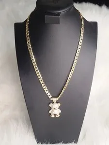Authentic Gold Plated Bear Pendant Necklace Cuban Link with Crystal Accents