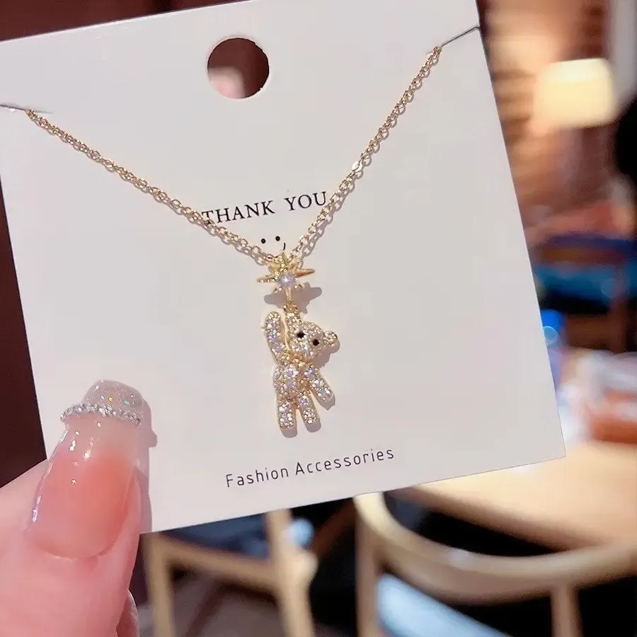 Authentic Cute Bear Pendant Necklace 18K Gold Plated Women Jewelry