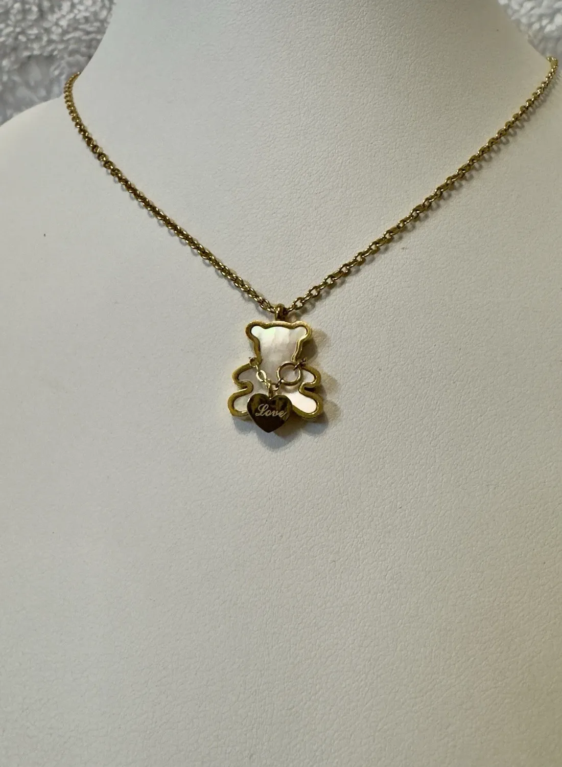 Authentic 18K Gold Plated Stainless Steel Teddy Bear Necklace, Mother of Pearl, Love Heart