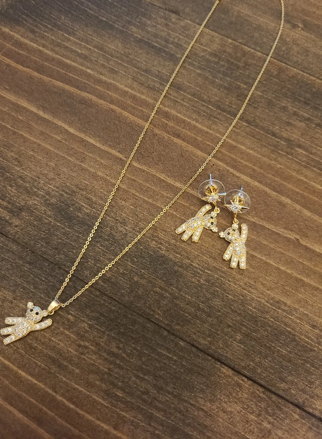 Authentic Embracing the Heart of Protection - 14k Gold Plated Bow Tie Bear Pendant and Earring Studs Set