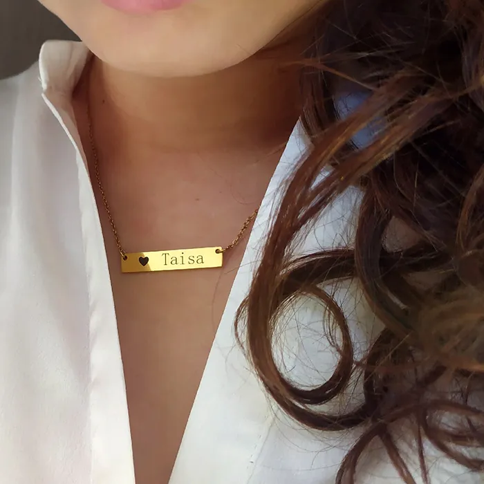Authentic Code Engraving Personalized Square Bar Custom Name Necklace Pendant Necklace Gold 3 Colors Women/Men Custom