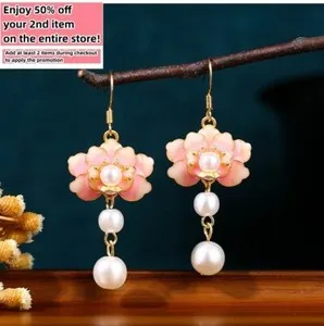 Authentic Celestial Blossom Dangle Earrings in 18K Gold Plating with Enamel and Pearl