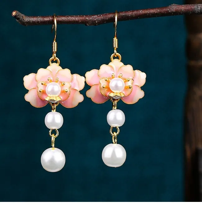 Authentic Enamel Pearl Drop Dangle Earrings Boho Flower Dainty Gemstone 18K Gold Plated