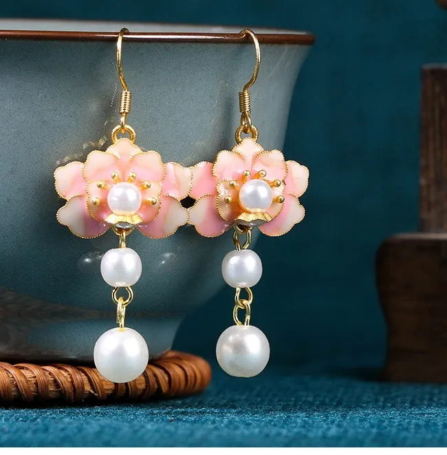Authentic Enamel Pearl Drop Dangle Earrings Boho Flower Dainty Gemstone 18K Gold Plated