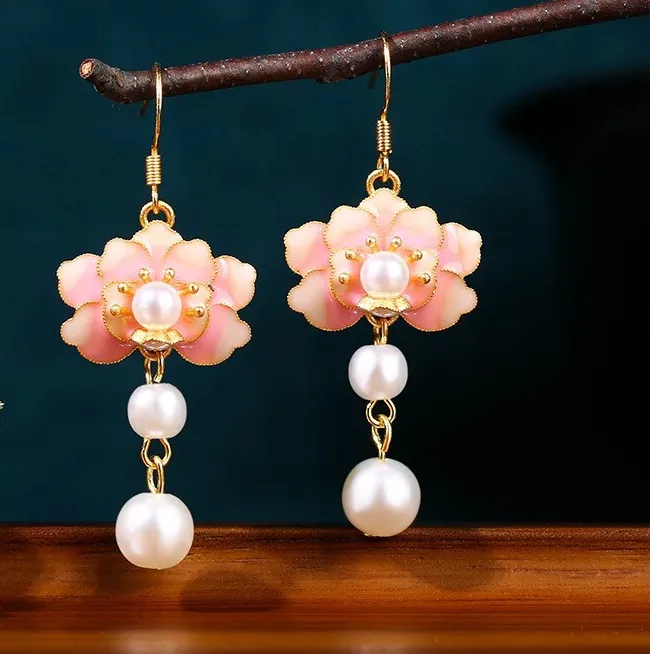 Authentic Gilded Blossom & Pearl Oracle Dangle Earrings in 18K Gold Plate