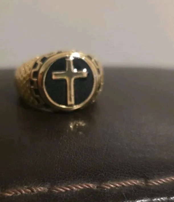 Authentic Celestial Black Cross Signet – 14k Gold‑Plated Guardian Ring (Sizes 8‑11)