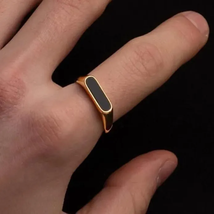 Authentic Black Onyx Signet Ring Silver Gold Plated Minimalist Unisex Statement Jewelry