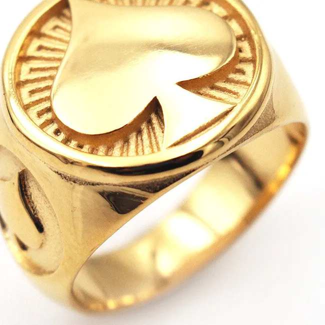 Authentic Gold Plated Men's Poker Spade Signet Ring Stainless Steel Biker Punk Hiphop Ring