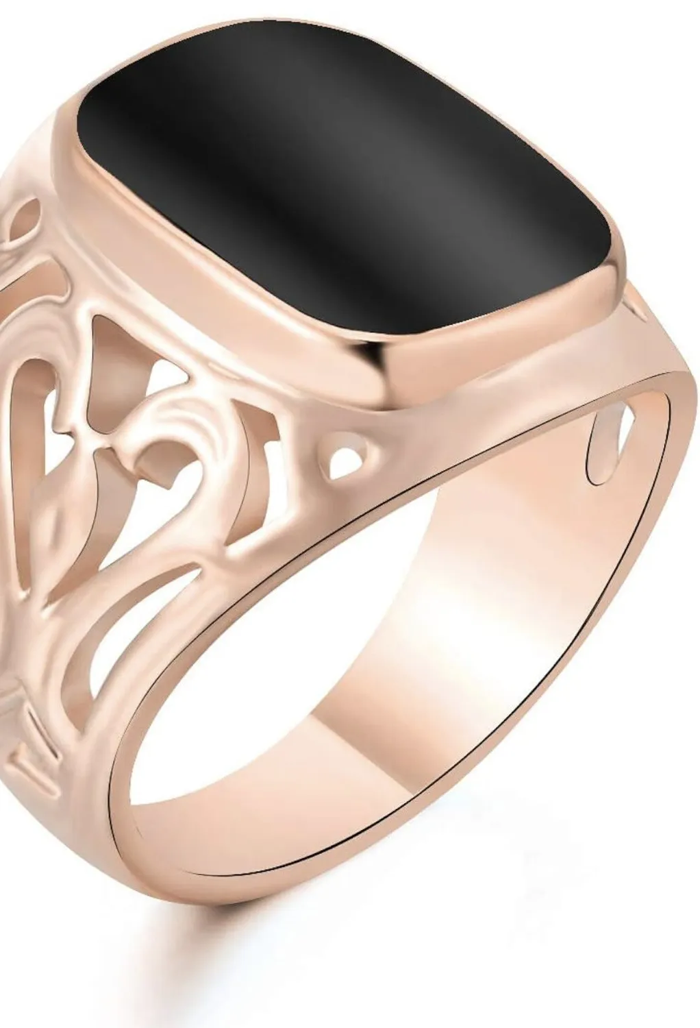 Authentic 18k Rose Gold Plated Signet Ring With Black Enamel Stone
