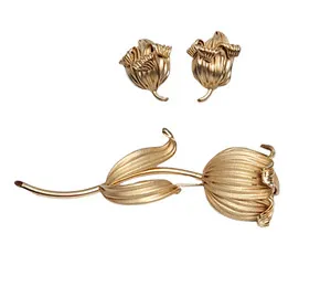 Authentic The Gilded Blossom Set: Bergere Gold-Plated Floral Brooch and Harmonious Clip-On Earrings