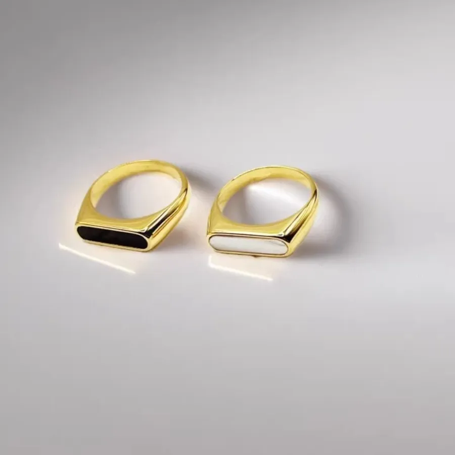 Authentic Minimalist Rectangle Shell Signet Rings Stainless Steel Gold Tone White Black Mother of Pearl Chunky Flat Band for Women Jewelry