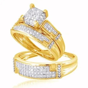 Authentic The Golden Covenant: His and Her Simulated Diamond Trio Ring Set in 14K Yellow Gold Finish