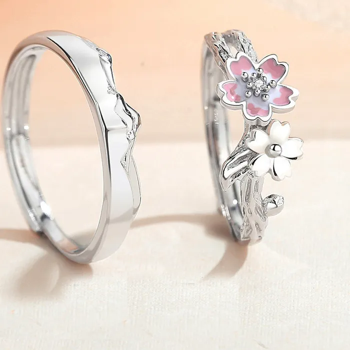 Authentic Cyj European S925 Sterling Silver Pink Cherry Blossom Couple Ring Adjustable Birthday Jewelry