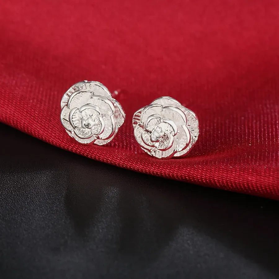 Authentic Beautiful Rose Flower Bud Earring Stud 925 Sterling Silver Jewelry Classic Christmas