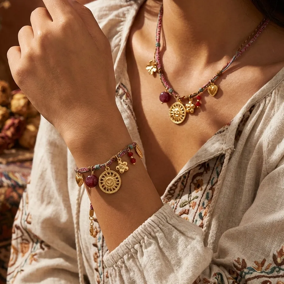 Authentic Bohemian Vintage Jewelry Set Women Handmade Woven Rope Necklace Bracelet Gold Sun Flower Heart Charms Red Stone Beads Ethnic Gif