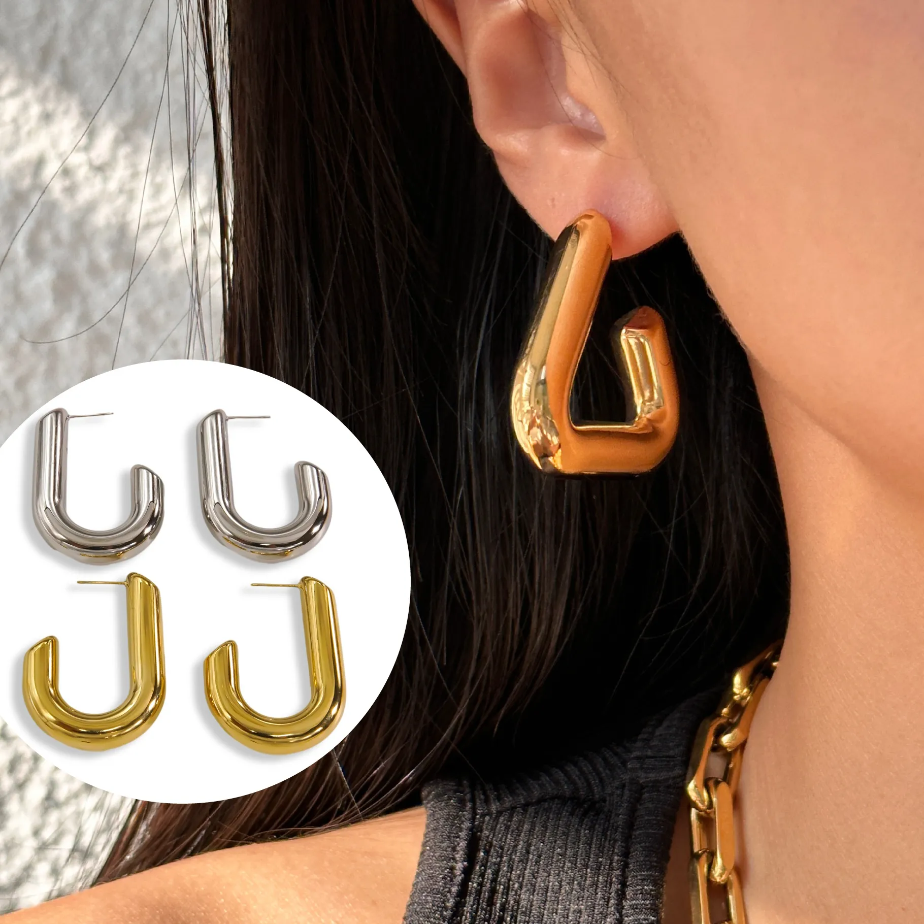Authentic Chunky Stud Earrings Non Tarnish Geometric Jewelry Gold Plated Hollow Triangle J Shapes Hoop Earrings
