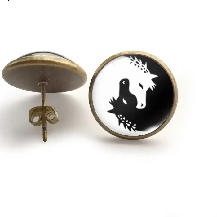 Authentic 2021 Ying Yang Horse Stud Earring Unicorn Round Earrings Glass Dome Jewelry Gifts Women